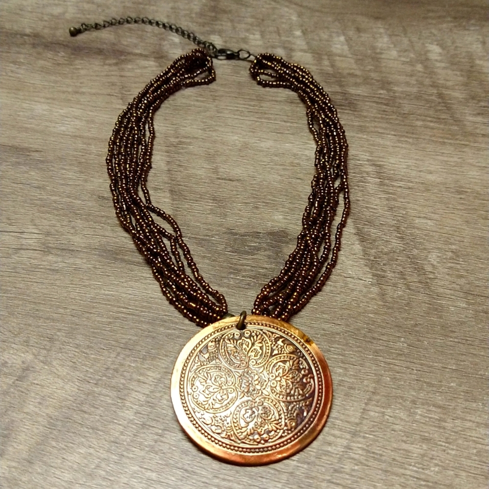 Copper Designed Medallion. Copper Colored Beaded … - image 1
